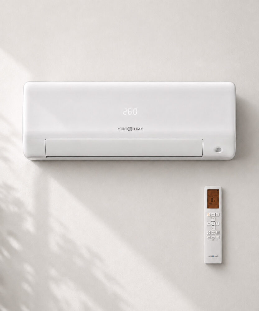 Aire acondicionado split de pared Mundoclima MUPR-09-H14X instalado, unidad interior con mando a distancia
